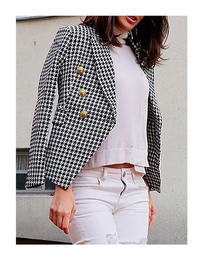 Fall Winter New Women Houndstooth Blazer Fashion Double Breasted Lapel Long Sleeve Short Coat