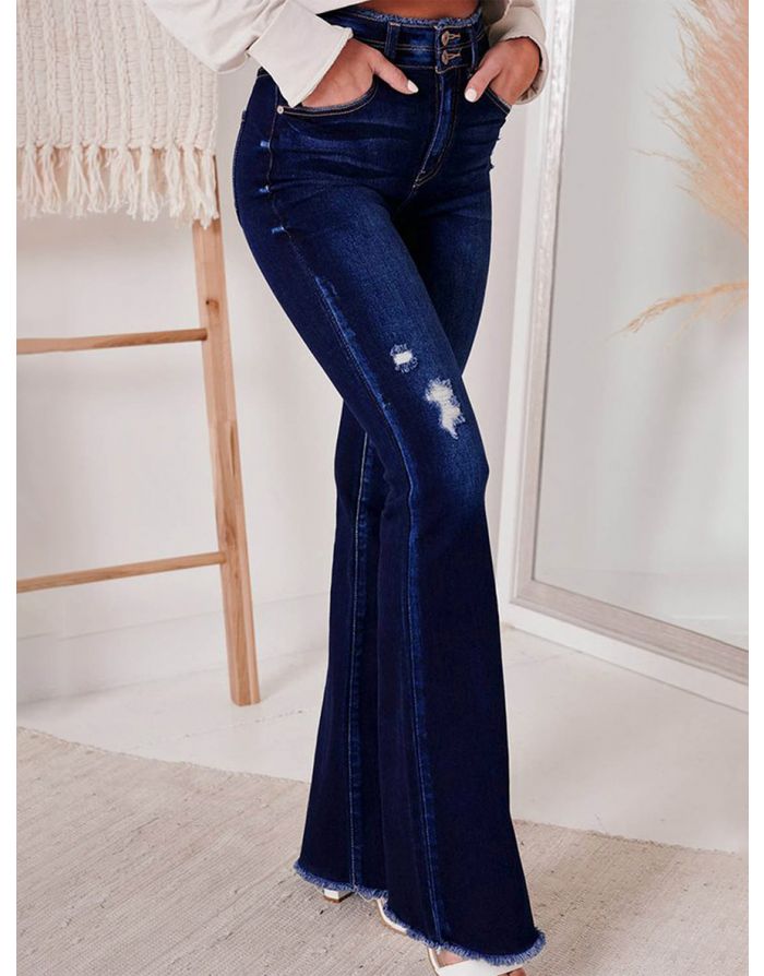 Women Spring New Ripped Jeans Two Buttons High Waisted Slim Fit Bell-bottomed Trousers Pants